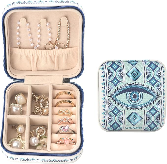 shunmei Mini Travel Jewelry Box,PU Leather Portable Jewelry Organizer Case,Art Accessories Storage Holder Boxes for Earring, Necklace, Rings, Bracelets (White Eyes) by KALUYA