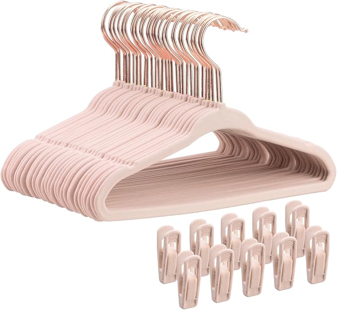 Tonswachic Baby Velvet Hangers 30 Pack - 11 Inch Non Slip Felt Kids Hanger for Newborn Clothes - Ultra Thin Space-Saving Infant Hangers for Toddler Kids' Closet with 10 Hanger Clips - Pink by TonswachicHangersSpaceSaver