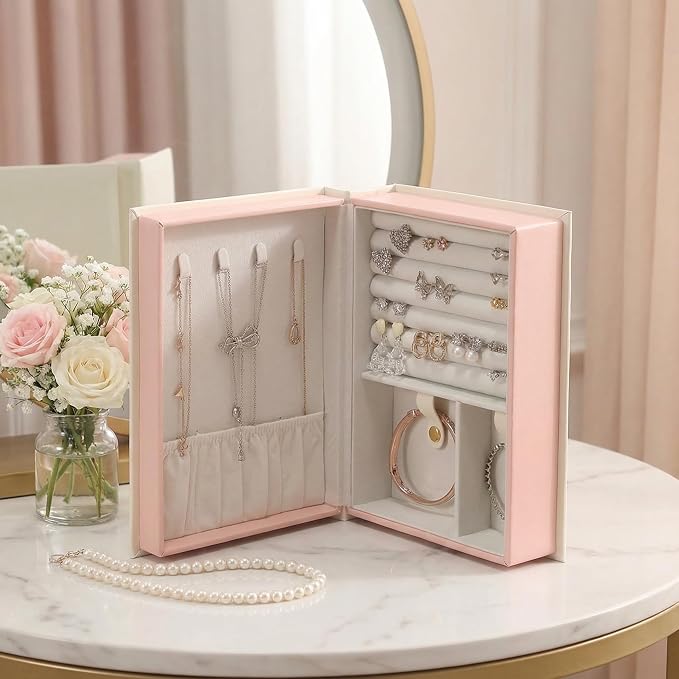 CASEGRACE Jewelry Box Organizer PU Leather Diary Jewelry Box with Magic Book Design Jewelry Case for Earrings Bracelet Necklace Rings Storage for Women, White - Image 2
