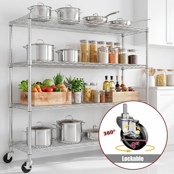 PrimeZone 4 Tier 55.5" Wx24 Dx76 H Wire Shelving with Wheels 2400lbs NSF Certified Storage Shelves Heavy Duty Metal Shelf Adjustable Rolling Rack Commercial Garage Restaurant Warehouse Kitchen Chrome - Image 8
