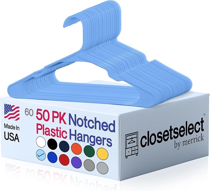 Closetselect Plastic Hangers 50 Pack - Space Saving Clothes Hangers, Made in USA, Durable & Strong Plastic Shirt & Coat Hanger with Notches & Shoulder Grooves, Non-Slip Clothing Hangers | Victory Blue by closetselect