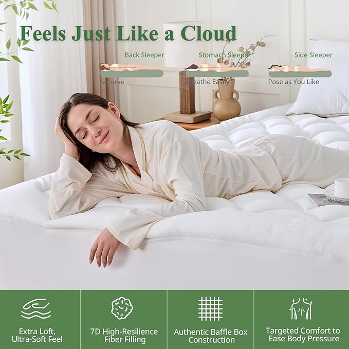 King Mattress Topper, Viscose Derived from Bamboo Thick Pillow Top Mattress Pad with Deep Pocket, Naturally Cooling for Hot Sleepers, Soft for Back Pain Relief, White