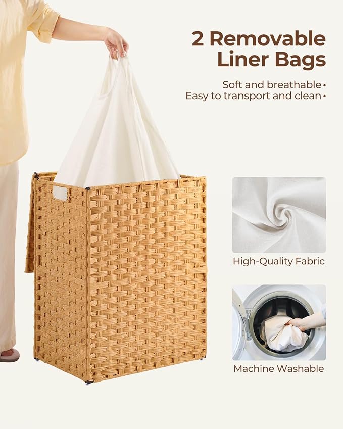 Greenstell Laundry Hamper No Install Needed, Divided Clothes Hamper with 2 Removable Liner Bags, 90L Handwoven Synthetic Rattan Laundry Basket with Lid and Handles, Foldable Natural - Image 3