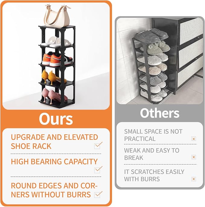 5 Tiers Shoe Rack Organizer for Closet Shoe Holder Storage Narrow Plastic Vertical, Free Standing Shoe Rack Shelf for Entryway Stackable Stability DIY, Black - Image 4