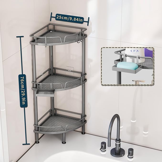 Consumest Corner Shower Caddy Stand - 3 Tier Shower Organizer with Soap Holder, Tall Floor Corner Shelf Standing with Adjustable Feet & 4 Hooks, Storage Rack for Bathroom Grey - Image 2