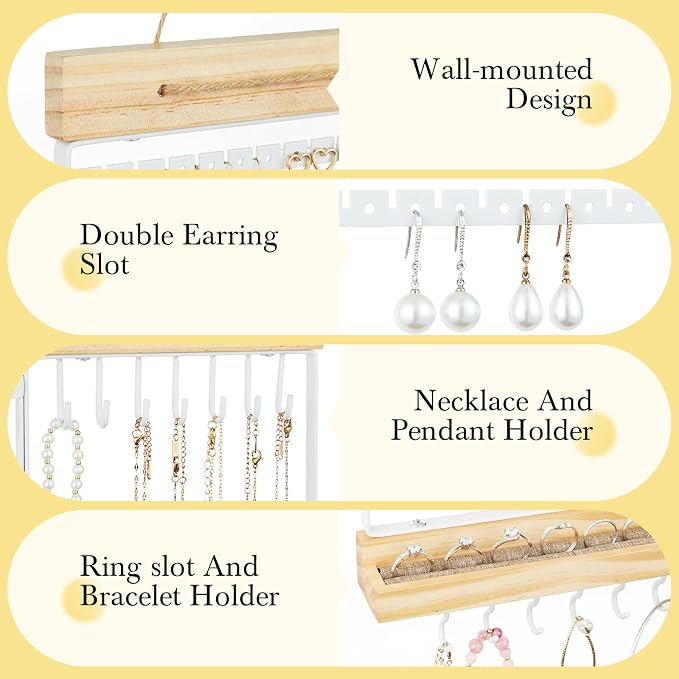Feyejade Hanging Jewelry Organizer and Storage, 5-Tier White Earring Necklace Holder Jewelry Display Organizer Stand Rack, Wall Mounted for Earrings Necklaces Bracelets and Rings, White - Image 5