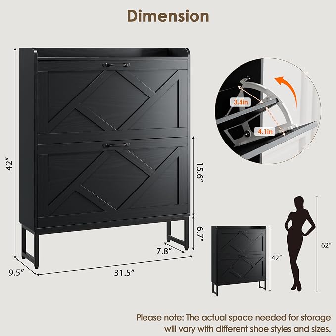 Nicetree Shoe Storage Cabinet with 2 Flip Drawers, Freestanding Shoe Organizer, Shoe Cabinet with Metal Legs, Narrow Shoe Rack Cabinet, Farmhouse Slim Shoe Cabinet for Entryway, Foyer, Hallway, Black - Image 2