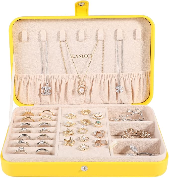 LANDICI Small Jewelry Box for Women Girls, PU Leather Travel Jewelry Organizer Case, Portable Jewellery Storage Holder Display for Ring Earrings Necklace Bracelet Bangle Watch Men Kids Gift, Yellow - Image 2