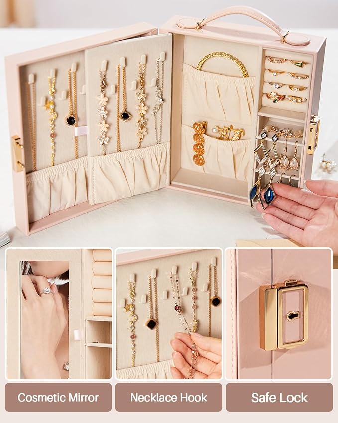 Enthralite Large Travel Jewelry Case: Portable Necklace Box with Mirror - PU Leather & Velvet Lined Jewelry Organizer for Ring Earring Bangle Bracelets Watch - Birthday Gift for Her - Image 5