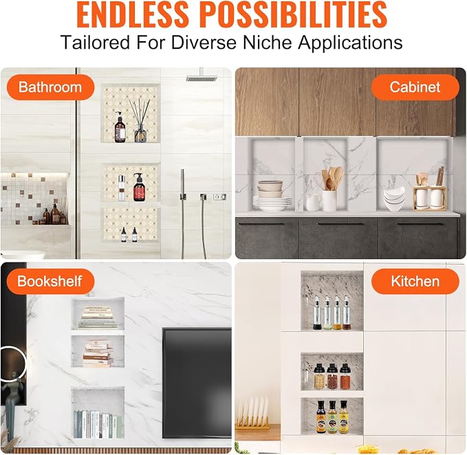 VEVOR Shower Niche Ready for Tile 16" x 16" & 16" x 20", Triple Shelf Organizer, Square Corners Wall-Inserted Niche Recessed, Sealed Protection Modern Soap Storage Niche for Shower Bathroom, Black - Image 8