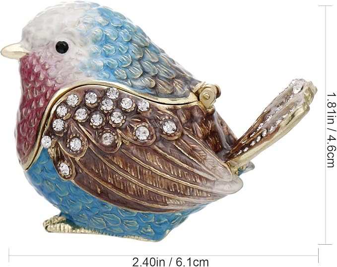 Hand Painted Enamel Robin Bird Trinket Box for Home Decor, Hinged Jewelry Organizer for Ring Earrings, Unique Figurine Keepsake Collectible Personalized Elegant Handmade Ornament Gifts (Blue Sparrow) - Image 2