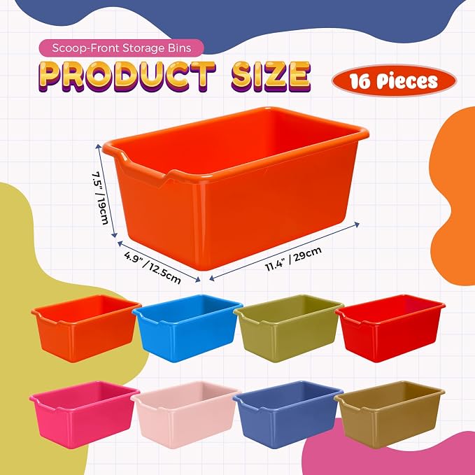 Dandat 16 Pcs Plastic Book Bins for Classroom Library Cubby Bins Scoop Front Stackable Toy Storage Tubs Containers for School Office Home Nursery Playroom Organization(Vintage Color) - Image 3