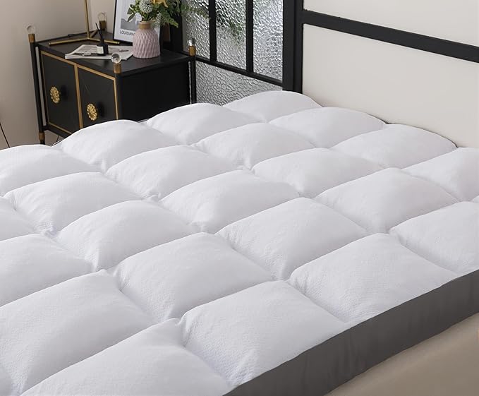 WhatsBedding Memory Foam Mattress Topper Queen Size Memory Foam Filled Warming Cooling Fluffy & Soft Pillow Top, Anti-Slip Bottom, 4 Elastic Straps, 80x60 Inch, Queen