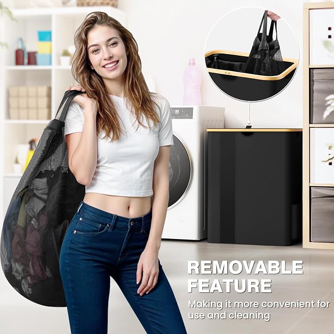 BlissTotes Laundry Basket with Lid, 150L Clothes Laundry Hamper with Handles and 2 Removable Laundry Bags, Breathable Design Hamper with Lid for Bedroom, Bathroom, Dorm, Laundry Room -Black - Image 2