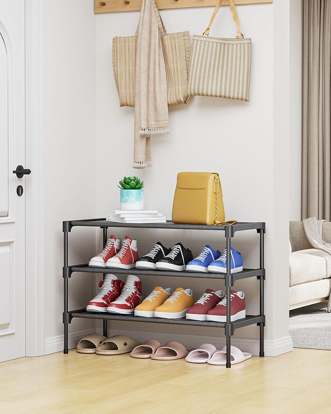 Kitsure Shoe Rack - Non-Woven Shoe Rack Shelf, Shoe Organizer for Closet, Entryway, Garage & Corridor, Stackable Shoe Shelves, 27.5" Wide - 3 Tier, Black - Image 2