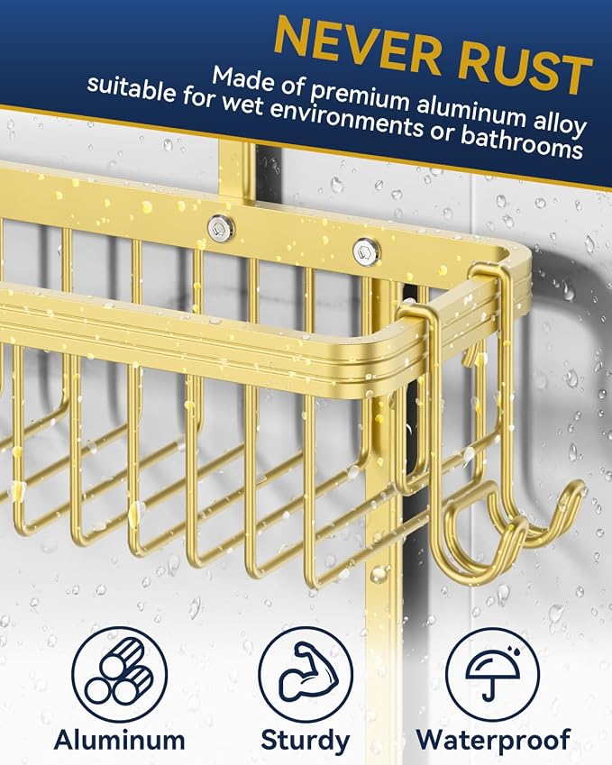 YASONIC Shower Caddy Hanging, Never Rust Shower Organizer Hanging, Aluminum Shower Racks for Inside Shower with Hooks for Razor, Bathroom Organizers and Storage with Soap Holder, Gold - Image 4