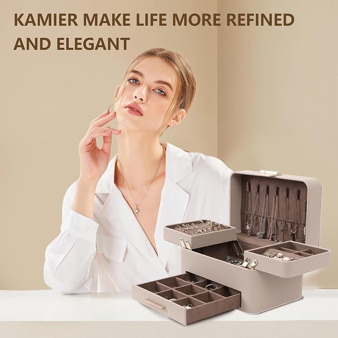 KAMIER Jewelry Box, 3 Layers Jewelry Organizer with Drawers, PU Leather Jewelry Storage Organizer for Earring, Ring, Necklace, Bracelets, Christmas Gift, Bluish Grey - Image 6