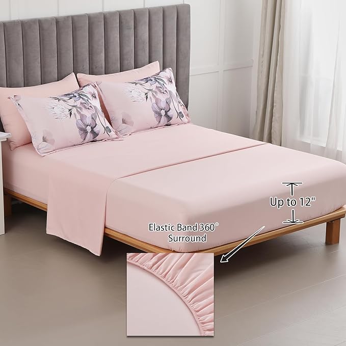 Luxudecor Floral Comforter Set Queen Size 7 Piece, Blush Pink Flower Bed in a Bag, Elegant Comforter Bedding Set for All Season (Blush Pink, 90"x90")