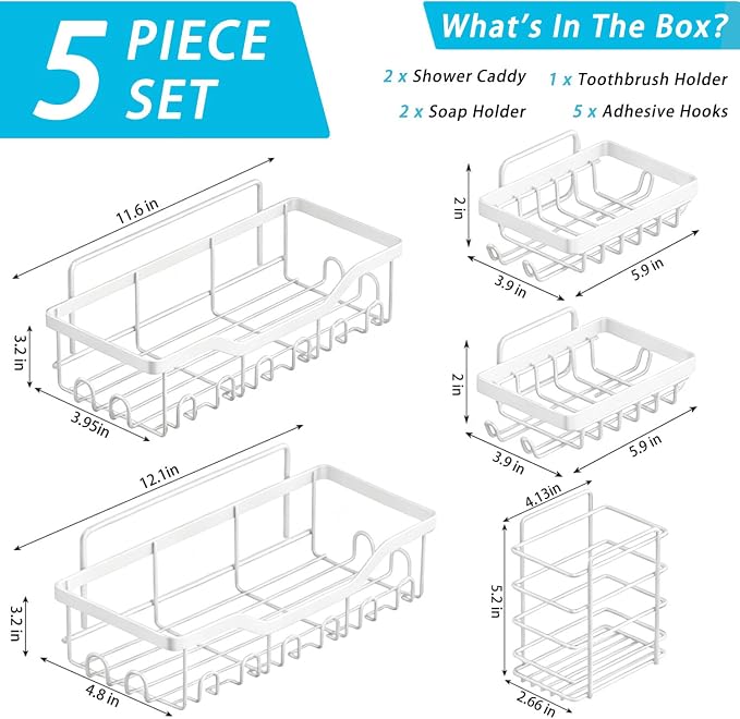 Fammart Adhesive Shower Caddy, 5-Pack Rustproof Stainless Steel Bathroom Organizer with 28 Hooks, No-Drill Large Capacity Shower Shelves for Bathroom Storage & Home Décor, White - Image 2