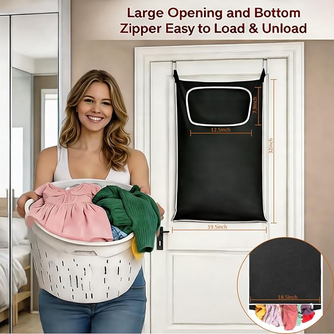 Over the Door Laundry Hamper, Hanging Laundry Hamper Bag with Wide Opening and Full-Length Zipper, Easy Storage & Access, Space Saving for Bathroom, Bedroom, Dorm, Travel (Black) - Image 2