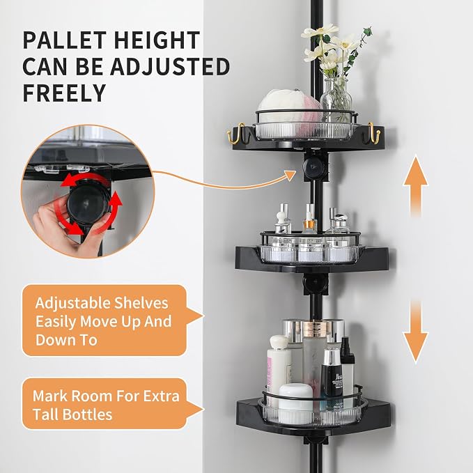 360° Rotating Shower Caddy Tension Pole, 3 Tiers Corner Shower Organizer for Bathroom Shelf Bathtub, Adjustable Standing Shower Rack Bathroom Accessories, Easily Assemble, 34-124 Inch Height, Black - Image 4