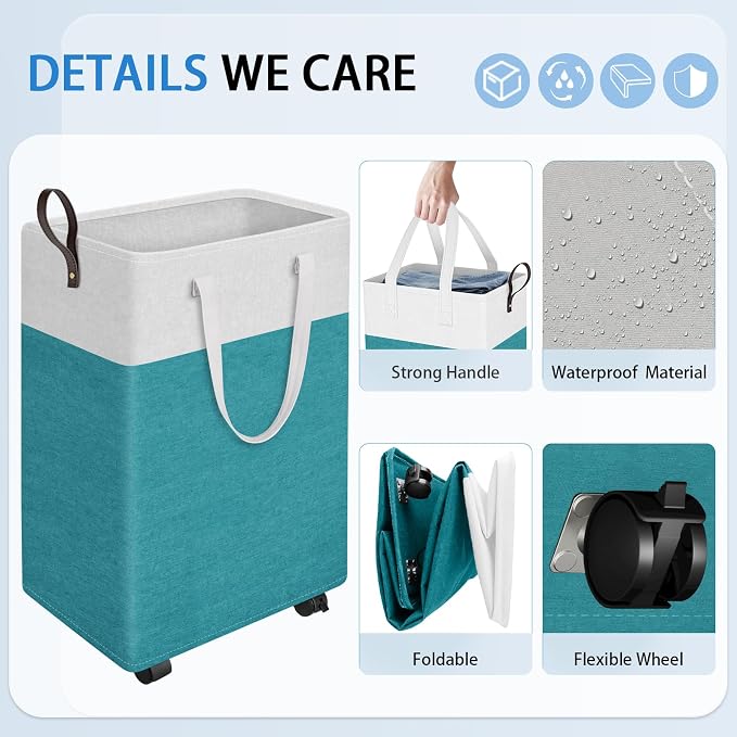 HomeHacks 75L Rolling Laundry Basket with Wheels, Collapsible & Waterproof Laundry Hamper, Mobile Clothes Hamper, Storage Laundry Bins with Handles for Laundry Room, Bedroom, Bathroom & Dorm, Green - Image 3