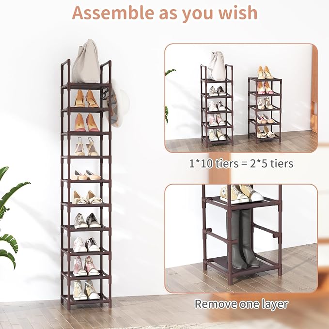 LANTEFUL Tall Shoe Rack 10-Tier Narrow Shoe Shelf Storage for 10-15 Pairs Shoe and Boot, Sturdy Shoe Storage Space Saving Corner Shoe Rack Organizer for Closet, Entryway, Living Room, Brown - Image 5