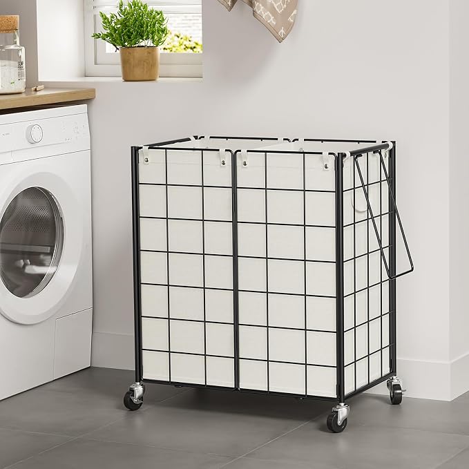 WOWLIVE Double Laundry Hamper with Wheels,Metal Wire Frame Rolling Laundry Basket with 2 Removable bags,120L Dirty Clothes Hamper Organizer Dorm Room Storage for Bedroom,Bathroom,Black and White - Image 3
