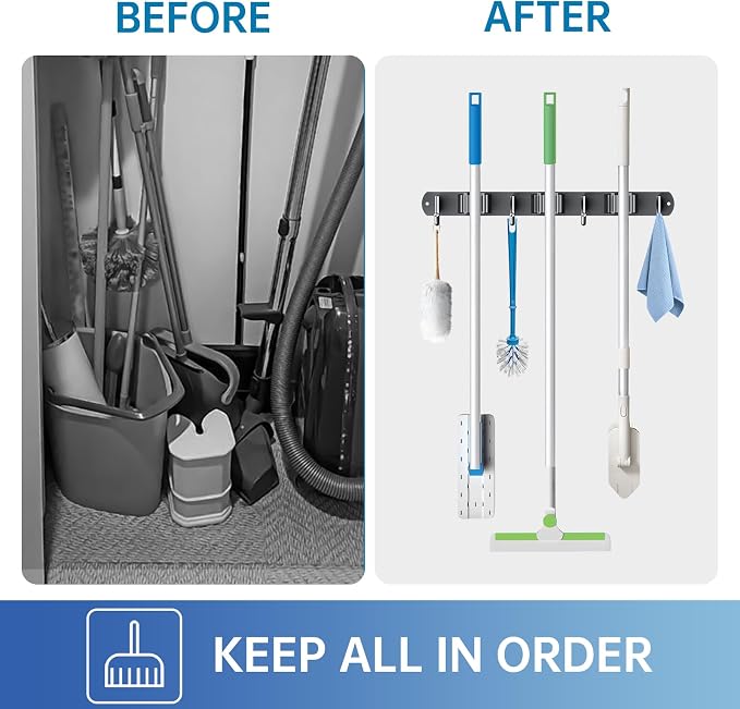 ZONGOOL Mop and Broom Holder Wall Mount, Broom Organizer Mop and Broom Storage Tool Racks Stainless Steel Wall Hanger for Home Kitchen Garden Laundry Garage (3 Racks with 4 Hooks, Black) - Image 5