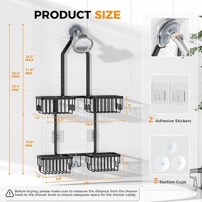 REINHARDT Aluminum Shower Caddy Hanging Adjustable Shower Caddy, Rustproof Hanging Shower Organizer with Hooks Soap Holders, Over Shower Head Caddy for Handheld Showerhead, Black - Image 7