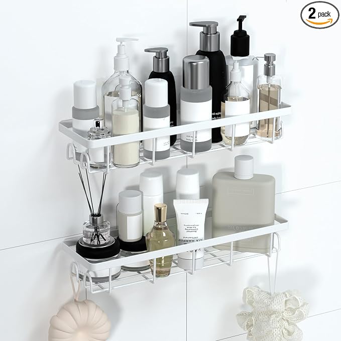 Shower Caddy Organizer with Hooks,Self Adhesive Bathroom Shelves,No Drilling Bathroom Organizers and Storage,Perfect for RV, Apartment, Home Decor,2 Pack White by Unknown