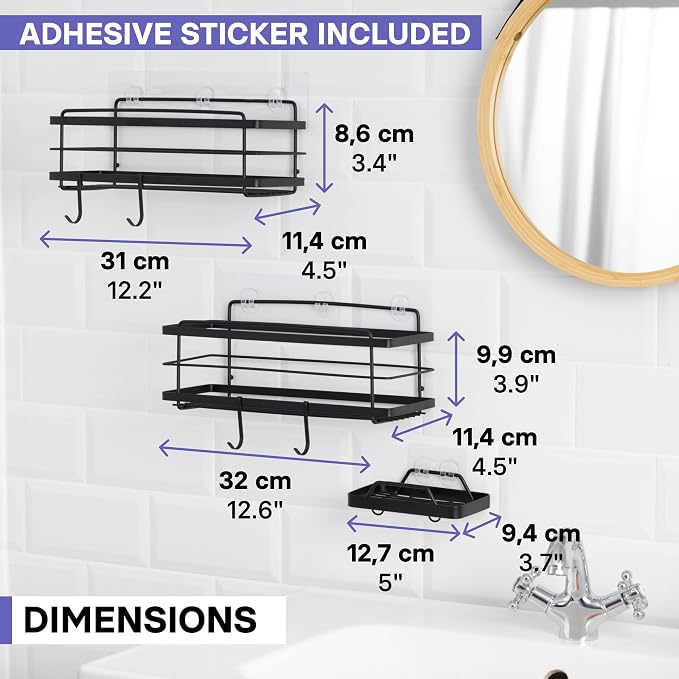 KINCMAX Premium Shower Caddy with Soap Holder, 2-Pack Adhesive Shower Organizer, No Drill Bathroom Shelves, Rustproof Stainless Steel Shelves for Inside, Shower Storage Rack, Matte Black - Image 7