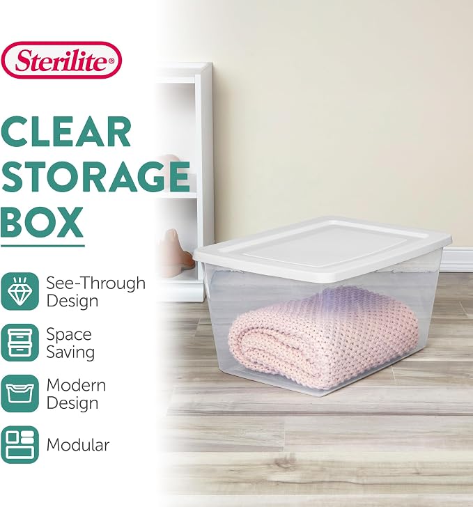 Sterilite 6 Pack Storage Boxes, Clear Plastic Stackable Containers, Lightweight Home Organizers with Snap Lids, 58 Quart, White - Image 2