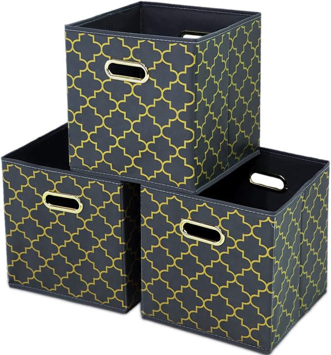 Fabric storage bins Cubes, Fabric Cube Organizer with Handle, Foldable Cube Bins for Cloth or Accessary Storage, 11x11x11, Set of 3, (Grey Gold) by Yunkeeper