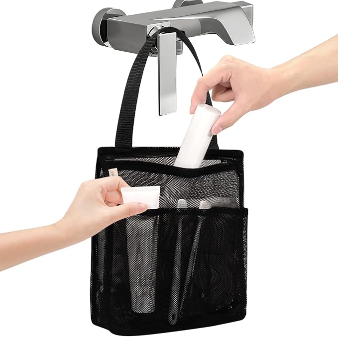 famichan Portable Mesh Shower Caddy, Gym Travel Camp Dorm Room Essentials for College Student Boy Girl, Bathroom Shower Bag - Black by famichan