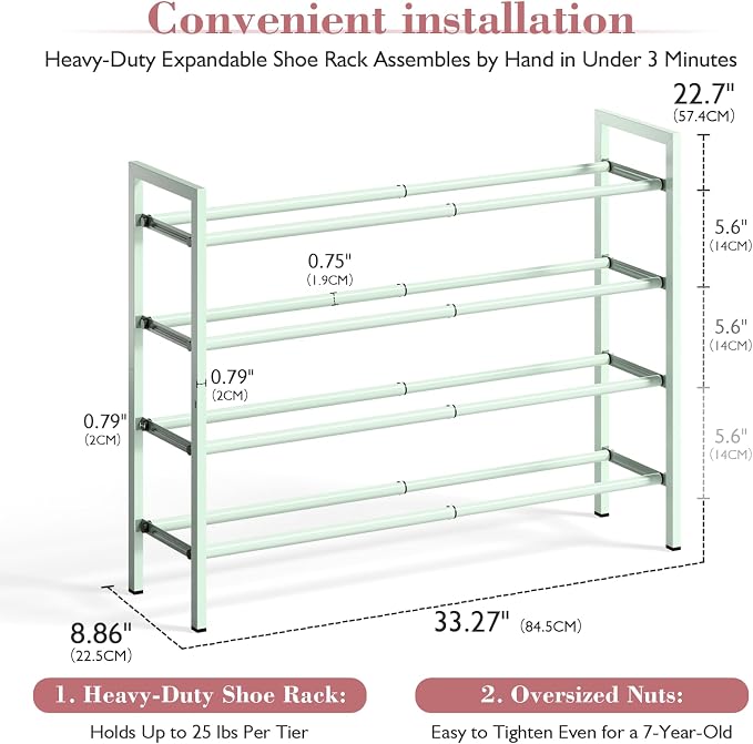 Bumusty 4-Tier Expandable Shoe Rack for Closet, 18“-33” Adjustable Shoe Rack for Small Space, Small Shoe Organizer for Front Door, Sturdy Metal, Green - Image 3