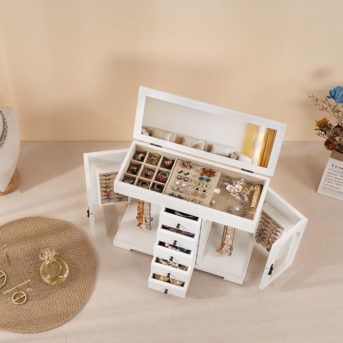 Miratino Jewelry Box for Women Girls, Wooden Jewelry Organizer Box with Mirror, 5 Layer Jewelry Storage Case Display for Necklaces Earrings Rings Bracelets Valentine's Day Gifts - Image 5