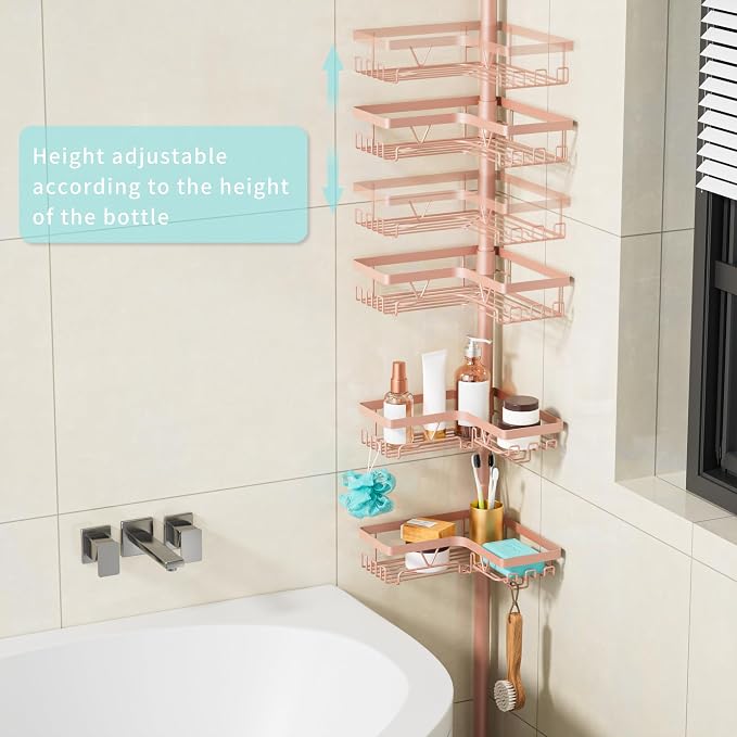 KEGII Corner Shower Caddy Tension Pole - 4-Tier Rustproof Bathroom Organizer, Floor to Ceiling Shower Caddy 25-114.2 inch, No Drilling Shower Storage Rack for Shampoo, Towels (Blush Nude) - Image 2