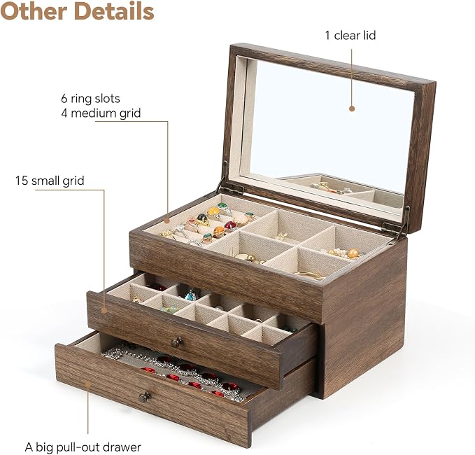 Meangood Jewelry Box Organizer for Women, 3 Layer Large Jewelry Storage Case, Rustic Wooden Jewelry Box with Mirror & Ring Tray for Necklace Earring Bracelets Rings, Vintage Style (Walnut) - Image 3
