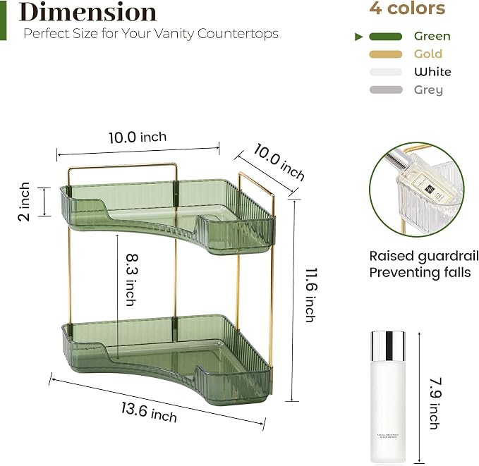 Aveniee Corner Bathroom Counter Organizer, Bathroom Countertop Shelf Makeup Organizer for Vanity Perfume Tray for Corner Storage (2 Tiers, Green) - Image 3