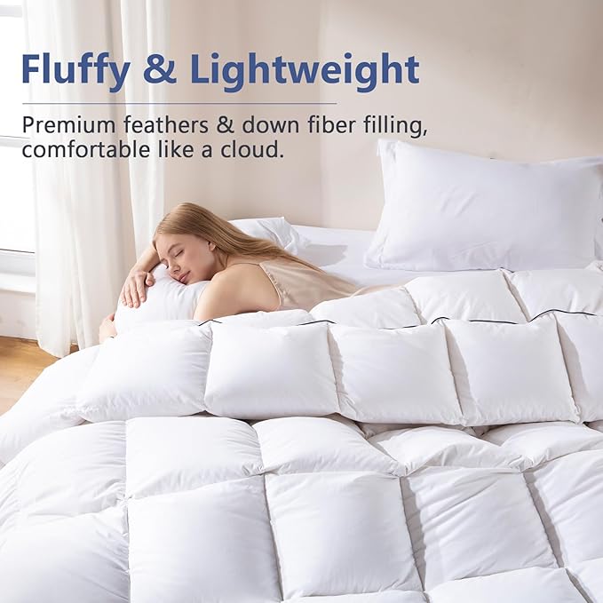 DOWNCOOL Feather Down Fiber Comforter Full Size, 100% Cotton Ultra Soft Fluffy Duvet Insert Full, All Season Luxurious Hotel Bed Comforter with Corner Tabs, White 82 x 86 Inch