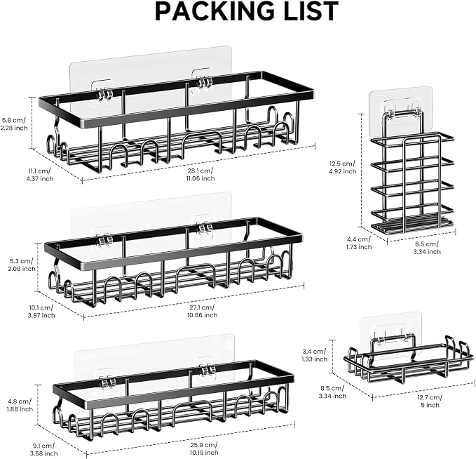 Shower Caddy, 5 Pack Shower Shelves for Inside Bathroom, Rustproof Adhesive Bathroom Organizer with Soap Holder, No Drilling Washroom Organizers and Storage for Bathtub Room/Kitchen/Home, Black - Image 2