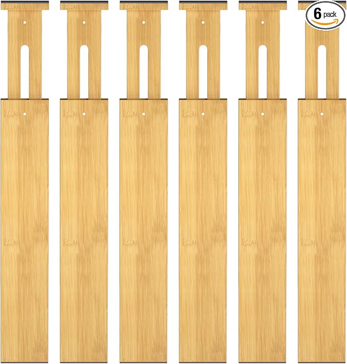Bamboo Drawer Dividers,17-22" Adjustable Kitchen Drawer Organizer for Clothes,6 Pack Expandable Drawer Organization Separators for Bedroom,Bathroom,Dresser and Office,Natural by Ryqtop
