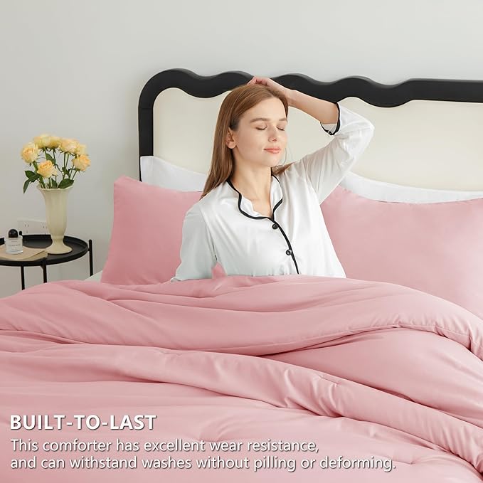 CozyLux Queen Comforter Set Pink, 3 Pieces Solid Comforters Queen Size Breathable Quilted Bedding Sets, Luxury Soft Lightweight Bed Set with Down Alternative Comforter and 2 Pillowcases All Seasons