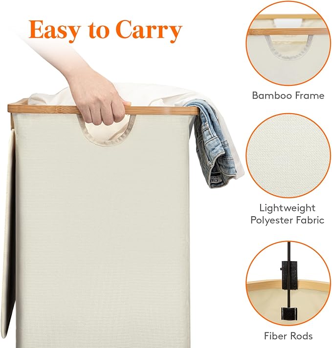 Lifewit 150L Double Laundry Hamper with Lid, Large Laundry Basket with Removable Bag & Bamboo Handles, Fodable Tall Dirty Clothes Hamper for Laundry Collapsible Bin for Bathroom Bedroom Dorm, Beige - Image 3