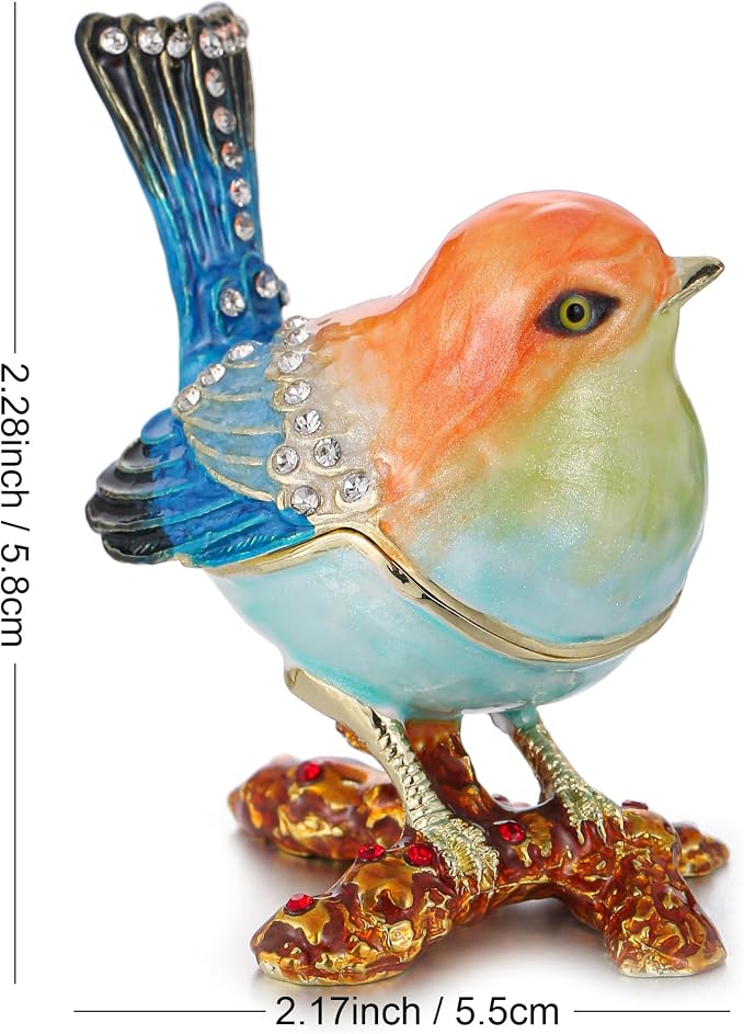 Hand Painted Enamel Robin Bird Trinket Box for Home Decor, Hinged Jewelry Organizer for Ring Earrings, Unique Figurine Keepsake Collectible Personalized Handmade Ornament Gifts (Multi-Sparrow) - Image 2