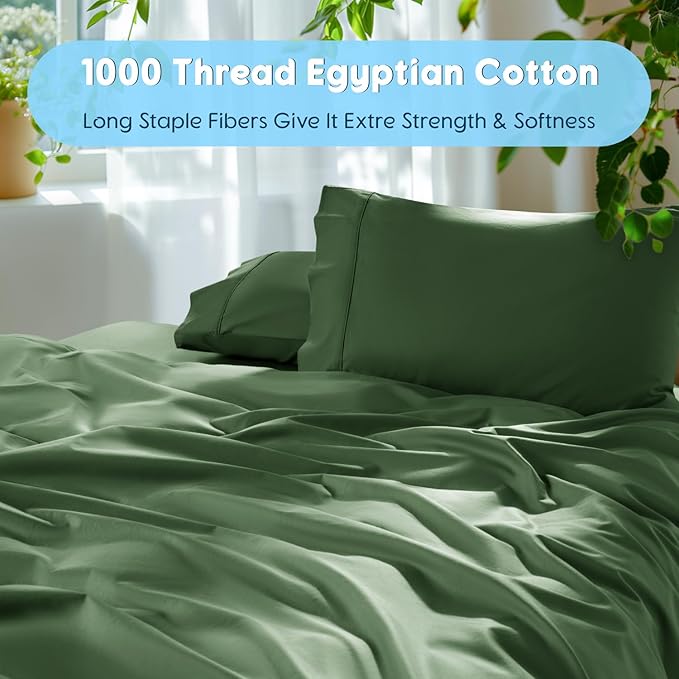 SONORO KATE 100% Egyptian Cotton Sheets Set - 1000 High Thread Count, Luxury 5-Star Hotel Sateen Bed Sheets, Soft, Breathable Long Staple Sheets, Fit up to 16" - 4 PC (Olive Green,King)