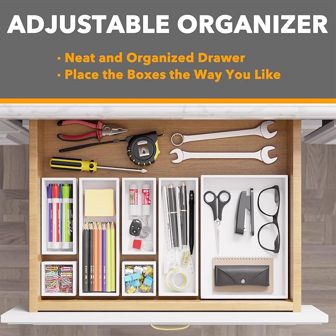 SpaceAid 7-Piece Bamboo Drawer Organizer Storage Boxes Set, Wood Tray Junk Drawer Organizers Multi-Use Divider Bins for Kitchen, Bathroom, Office Desk and Makeup Organization (7 Pack, White) - Image 5