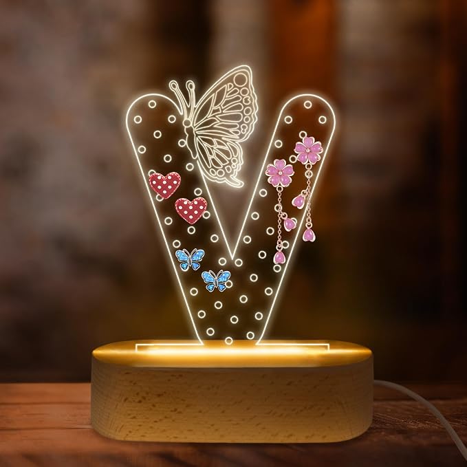 COSHAYSOO Earring Holder Organizer Valentines Day Gifts for Her Girlfriend Cool Birthday Gifts for Wife from Husband, LED Monogram Butterfly Decor Jewelry Display Stand Letter V by COSHAYSOO