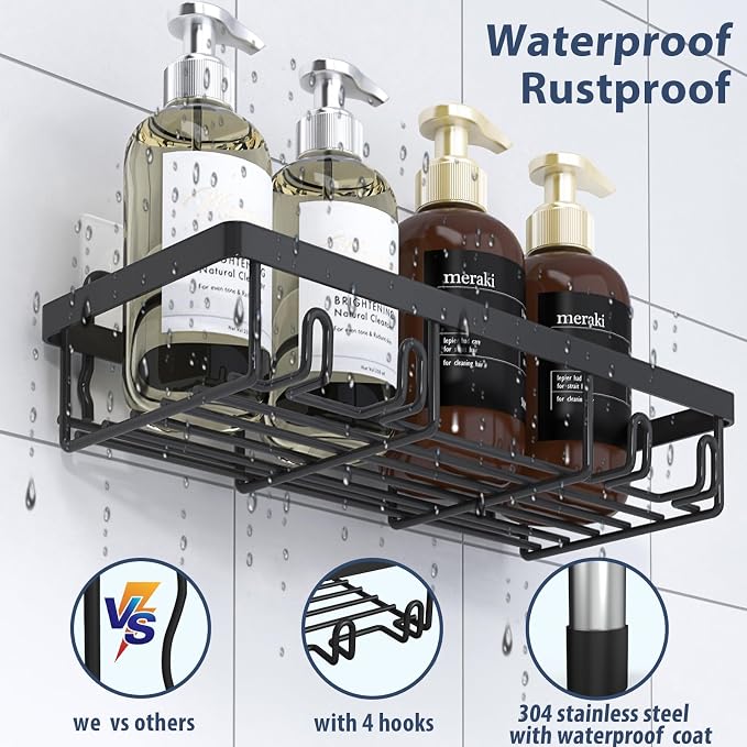 Liuoud 5 Pack Shower Caddy Organizer Rack Shelf for Inside Shower, Adhesive Bathroom Wall Storage Basket Rustproof Stainless Steel Shampoo Holder, Bathroom Accessory Decor Set, Black. - Image 5